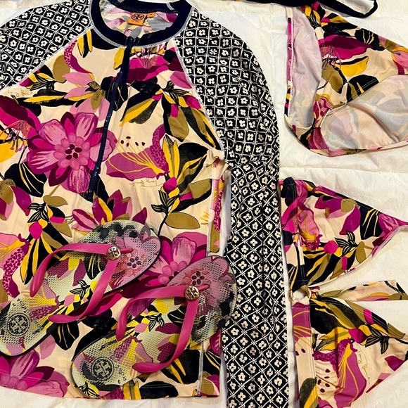 5 piece Tory Burch Swim ensemble:rash guard, flip flops, 2 bikini tops, 1 bottom - Picture 2 of 15